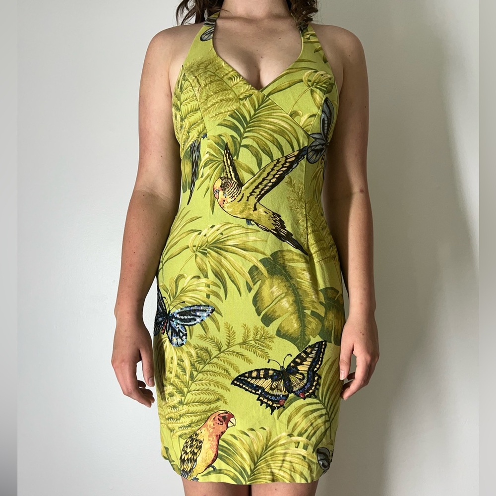 🦜Green Jungle Muse Halter  Beaded Accent Mini Dress🦜